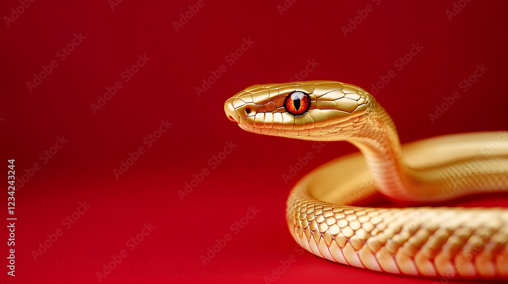 Obraz premium Long delicate golden snake on a red simple background, Generative AI