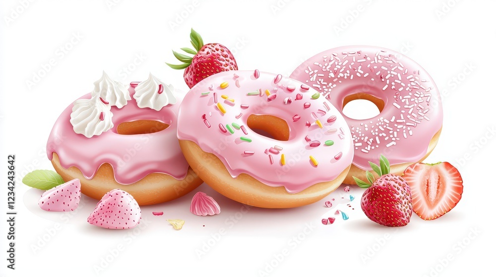 High-calorie pink strawberry donuts with shiny glaze and fun toppings. A perfect dessert snack from the bakery, isolated clipart on a white backdrop. High-calorie pink strawberry donuts with shiny glaze and fun toppings. A perfect dessert snack from the bakery, isolated clipart on a white backdrop.