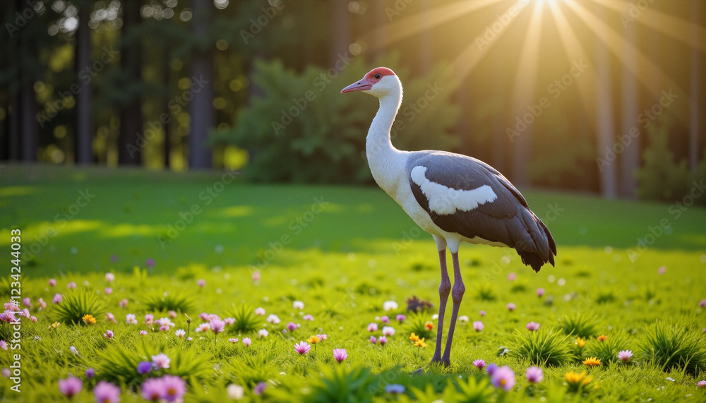 Fototapeta premium Elegant grey crane standing on one leg in a vibrant meadow during golden hour