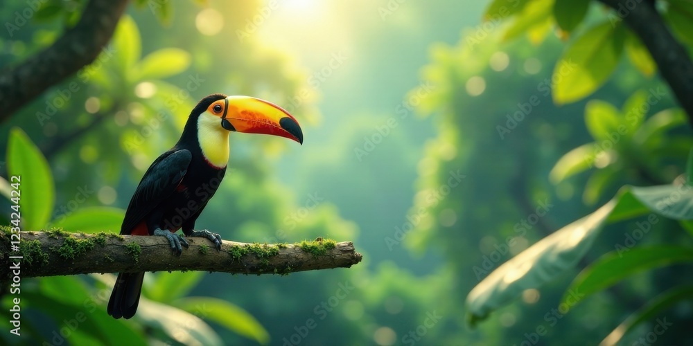 Fototapeta premium A Vibrant Toucan Perched on a Mossy Branch in a Lush, Verdant Rainforest Setting at Sunrise