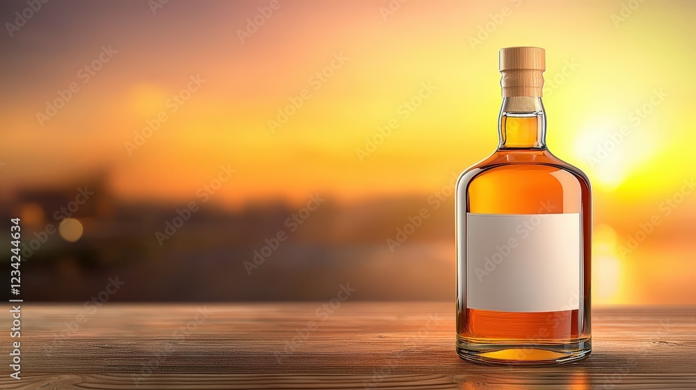 Whiskey Bottle Label: A close-up of a whiskey bottle with its detailed label in focus, set on a wooden bar surface with a blurred background to emphasize craftsmanship. Whiskey Bottle Label: A close-up of a whiskey bottle with its detailed label in focus, set on a wooden bar surface with a blurred background to emphasize craftsmanship.