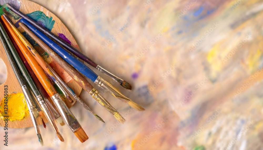 Creative Flat Lay of Art Supplies Featuring Paint Brushes and Palette Creative Flat Lay of Art Supplies Featuring Paint Brushes and Palette