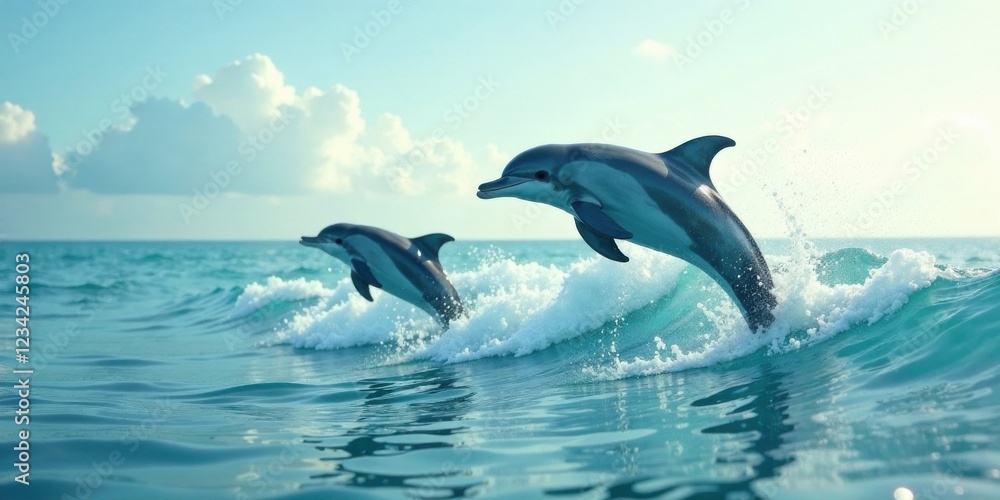 Obraz premium Oceanic Dolphins Leap Gracefully Over Sparkling Waves in a Vivid Marine Display