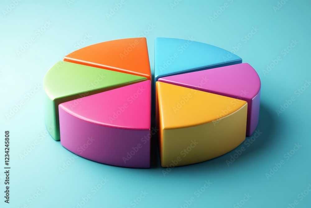 Obraz premium Colorful segmented pie chart made of plastic pieces on a bright blue background illustrating data visualization concept