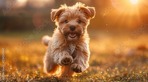 Puppy running in the grass, animal background photo