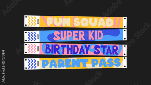 Wristband control bracelets for Children Party, fun squad, super kid, birthday star, parents pass, kids, festival, party. Vector mockup of a Children Party bracelet in a cartoon style
