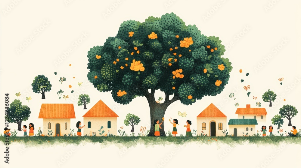 Fototapeta premium Minimalist illustration of a tree and houses in a village