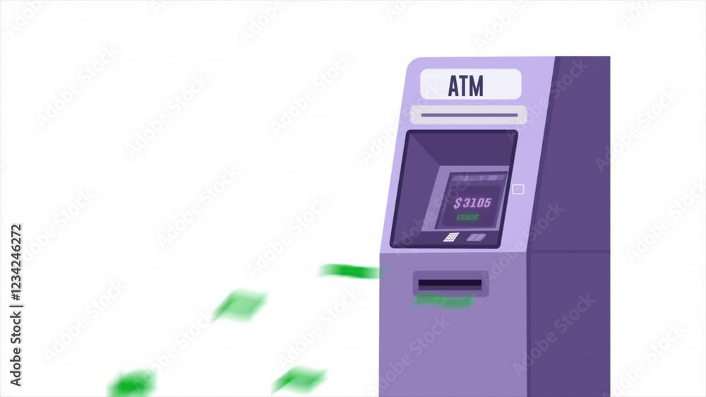ATM machine throwing money out of a 2D motion graphic animation. ATM machine throwing money out of a 2D motion graphic animation.