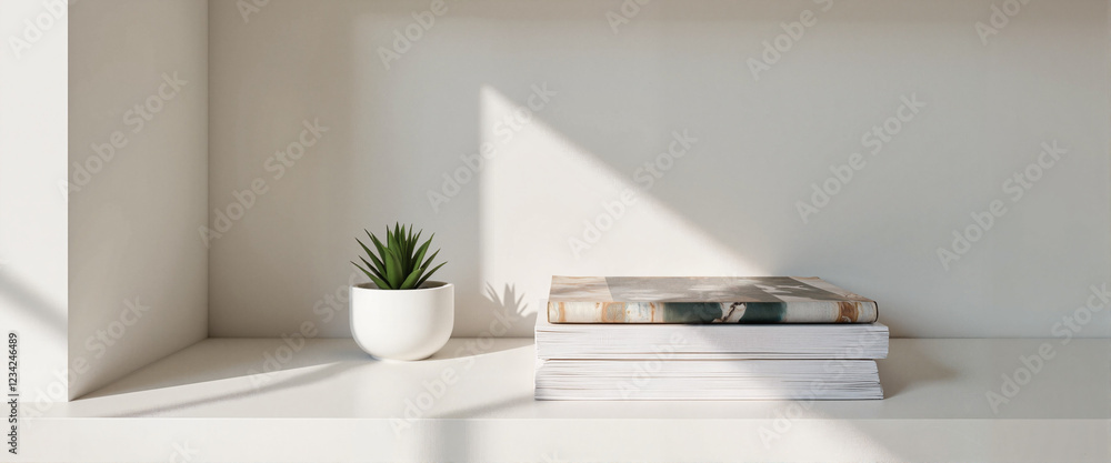 Stack of magazines on minimalist shelf in modern setting, calm ambiance Stack of magazines on minimalist shelf in modern setting, calm ambiance