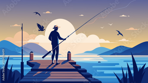 Fisherman Catching a Fish - Silhouette Vector Illustration. Fly fisherman fishing