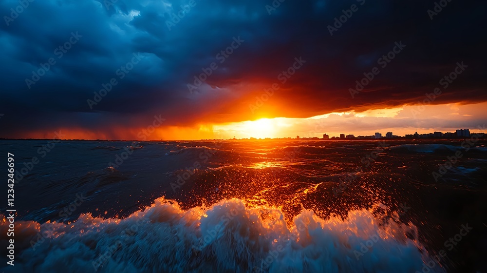 Dramatic Ocean Sunset with City Skyline Dramatic Ocean Sunset with City Skyline