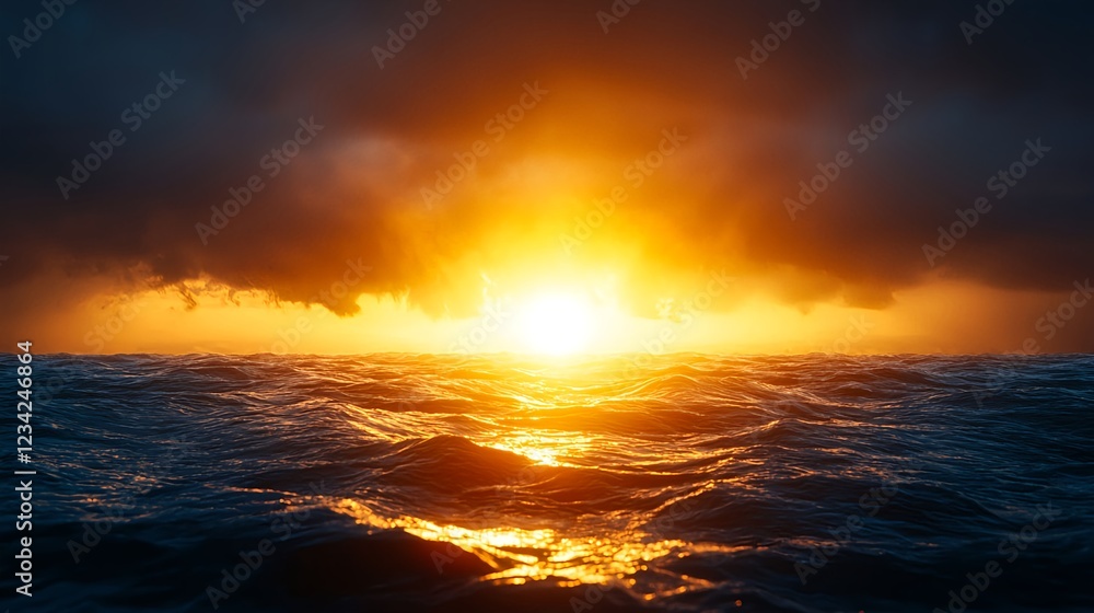 Obraz premium Dramatic Ocean Sunset with Dark Clouds and Golden Light