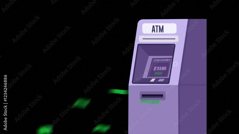ATM machine throwing money out a black screen 2D motion graphic animation. ATM machine throwing money out a black screen 2D motion graphic animation.