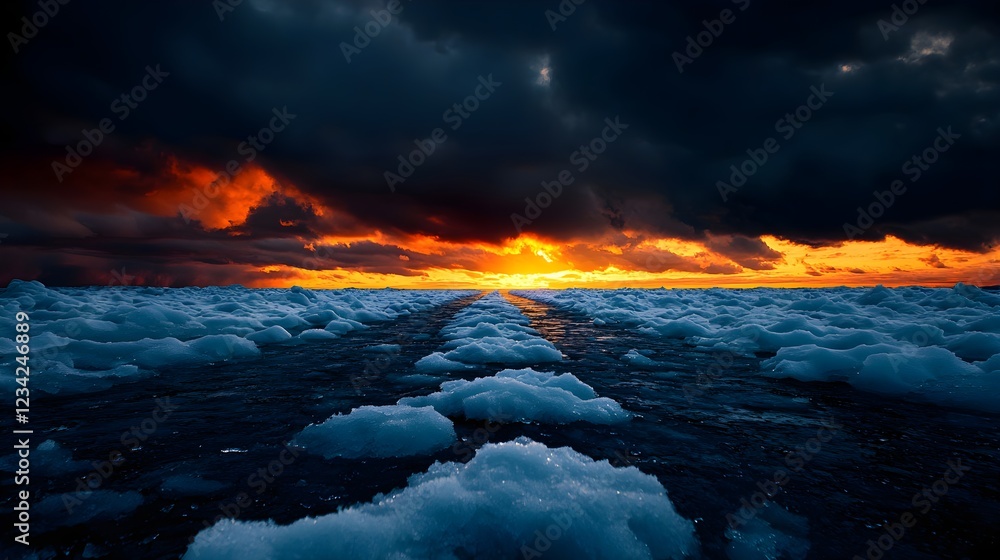 Fototapeta premium Dramatic Ocean Sunset with Dark Clouds and Ice