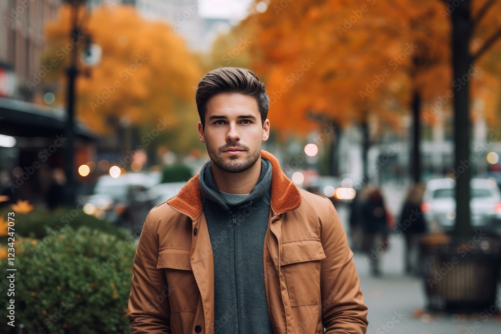 Fototapeta premium Young, handsome man walking outside in the city during autumn
