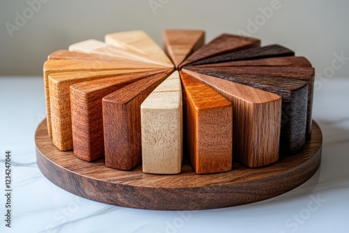 Wooden color samples arranged circularly on a wooden display, showcasing a variety of textures and hues photo