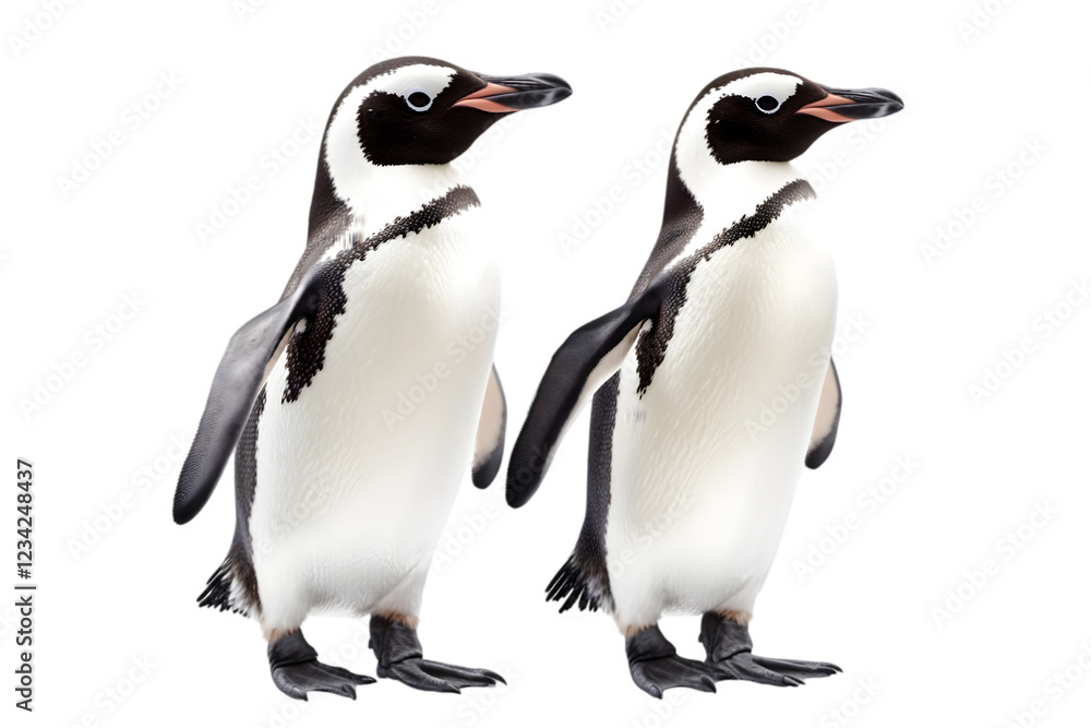 Fototapeta premium A pair of penguins waddling side by side on a white surface. Transparent background