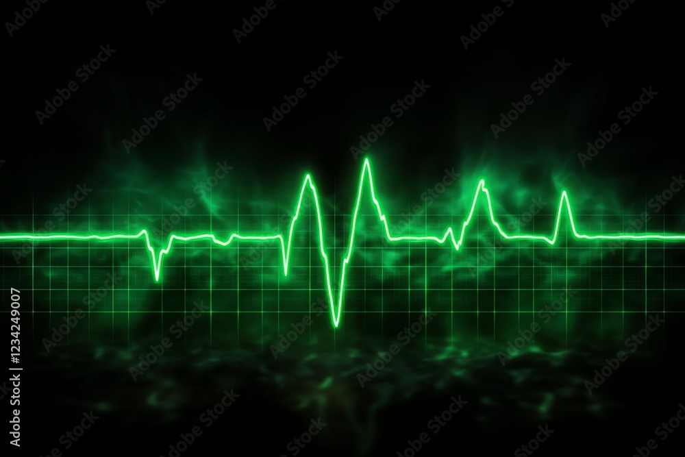 Green heartbeat monitor display shows vital signs and health data in a dark setting illustrating medical technology