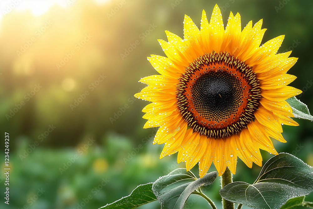 Naklejka premium Radiant Sunflower in Morning Dew: A Summer's Day Bloom