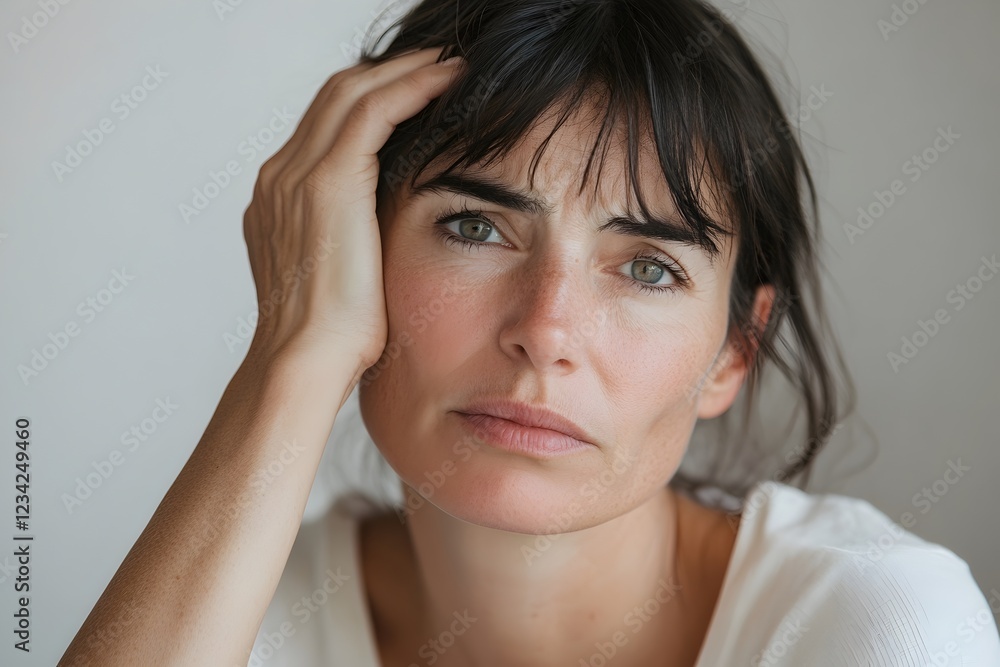 Close-up portrait of middle-aged woman in pain, hand on head, against white background Close-up portrait of middle-aged woman in pain, hand on head, against white background