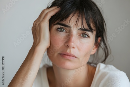 Wallpaper Mural Close-up portrait of middle-aged woman in pain, hand on head, against white background Torontodigital.ca