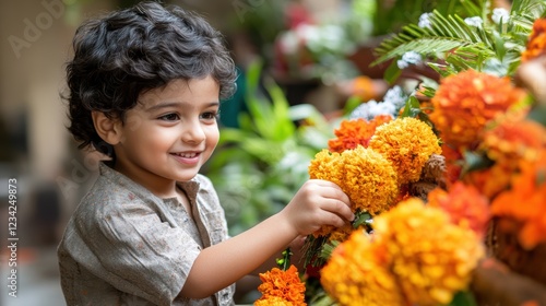 Young boy picking marigold flowers during a festival photo