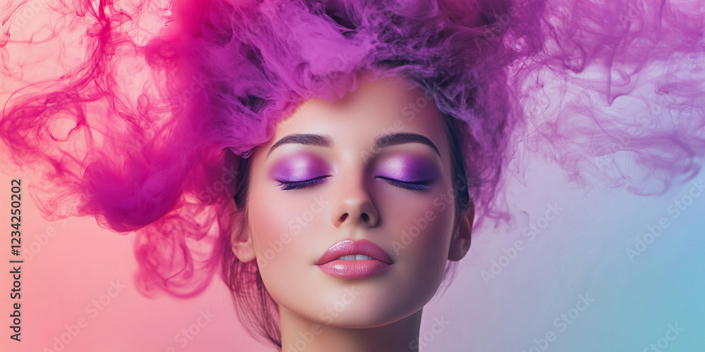 Model showcases artistic makeup with colorful smoke effects Model showcases artistic makeup with colorful smoke effects