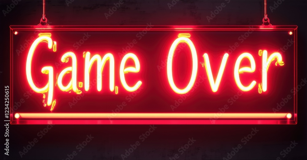 Glowing neon sign with vibrant red outline displaying Game Over in illuminated letters mounted on dark background symbolizing failure, ending, completion, and finality