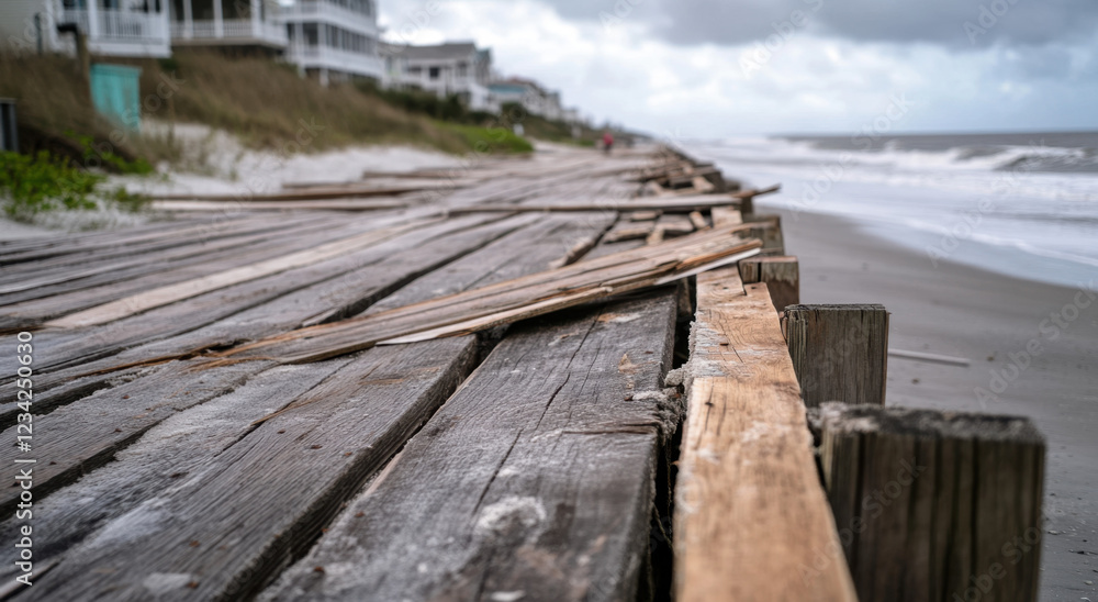 Weathered wooden planks stretch along a boardwalk by the beach, showcasing a tranquil coastal atmosphere. Distant ocean waves and nearby houses complete the picturesque seaside landscape Weathered wooden planks stretch along a boardwalk by the beach, showcasing a tranquil coastal atmosphere. Distant ocean waves and nearby houses complete the picturesque seaside landscape