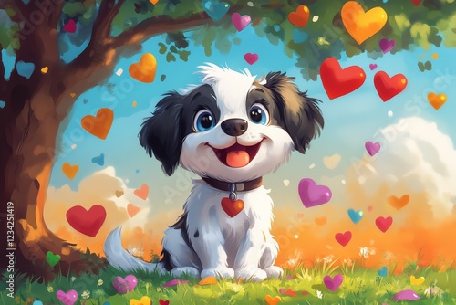 Cute cartoon puppy surrounded by colorful hearts in a vibrant outdoor setting during a sunny day