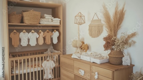 Bohemian Nursery Decor: Wooden Crib, Neutral Tones, Pampas Grass photo