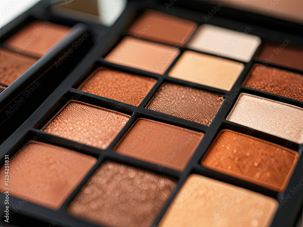 Realistic photo of eye shadows palette in brown shades, white background Realistic photo of eye shadows palette in brown shades, white background