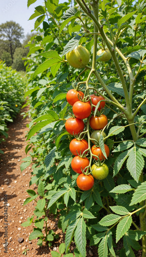 Vibrant tomatoes ripening in lush garden, abundance of nature Vibrant tomatoes ripening in lush garden, abundance of nature