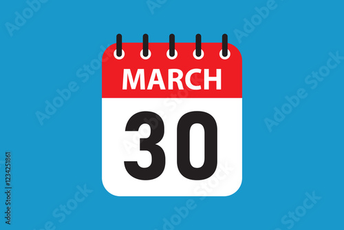March 30 Calendar Icon, Flat Vector Date Illustration for Scheduling and Planning.