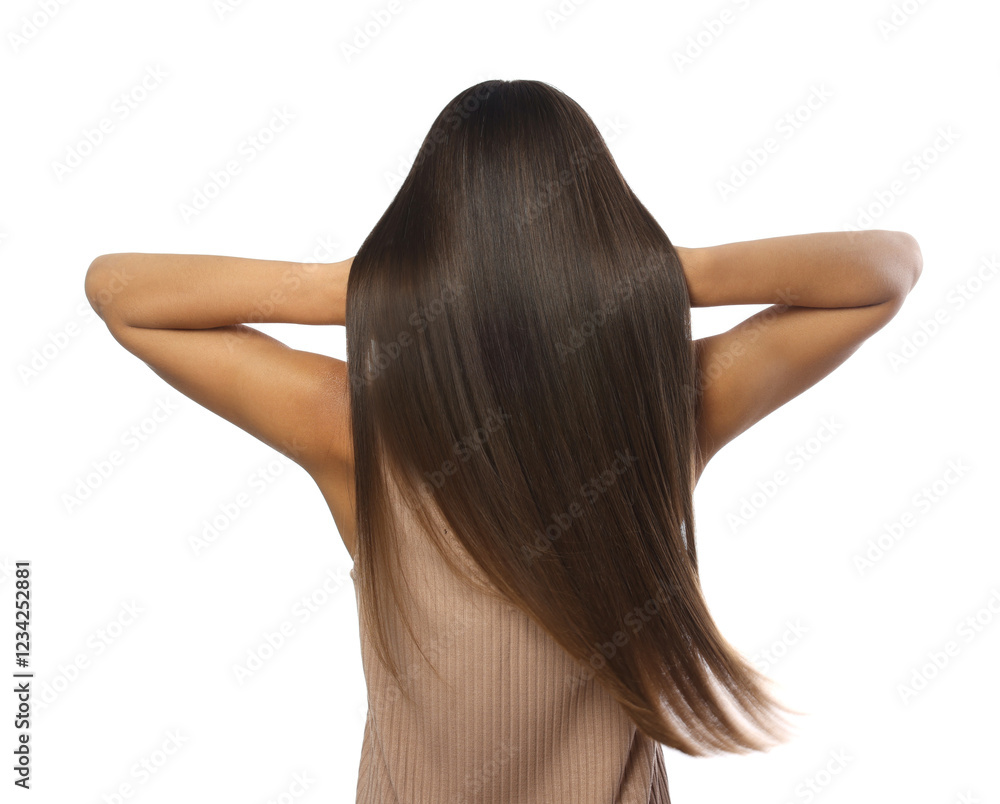 Hair styling. Woman with straight long hair on white background, back view Hair styling. Woman with straight long hair on white background, back view
