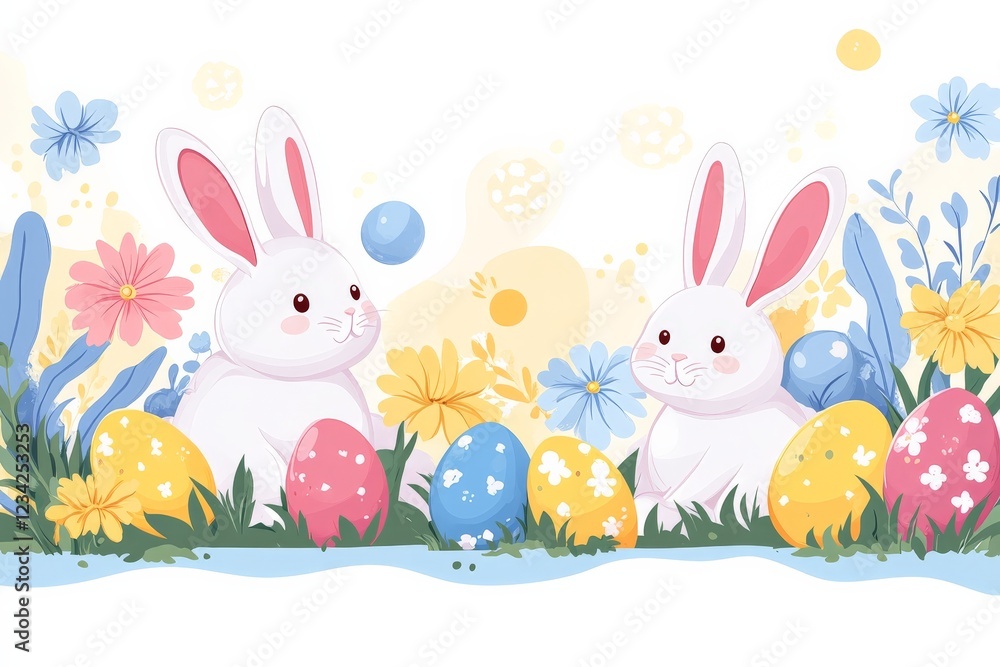 Two cute rabbits surrounded by colorful Easter eggs and blooming flowers in a cheerful spring setting Two cute rabbits surrounded by colorful Easter eggs and blooming flowers in a cheerful spring setting