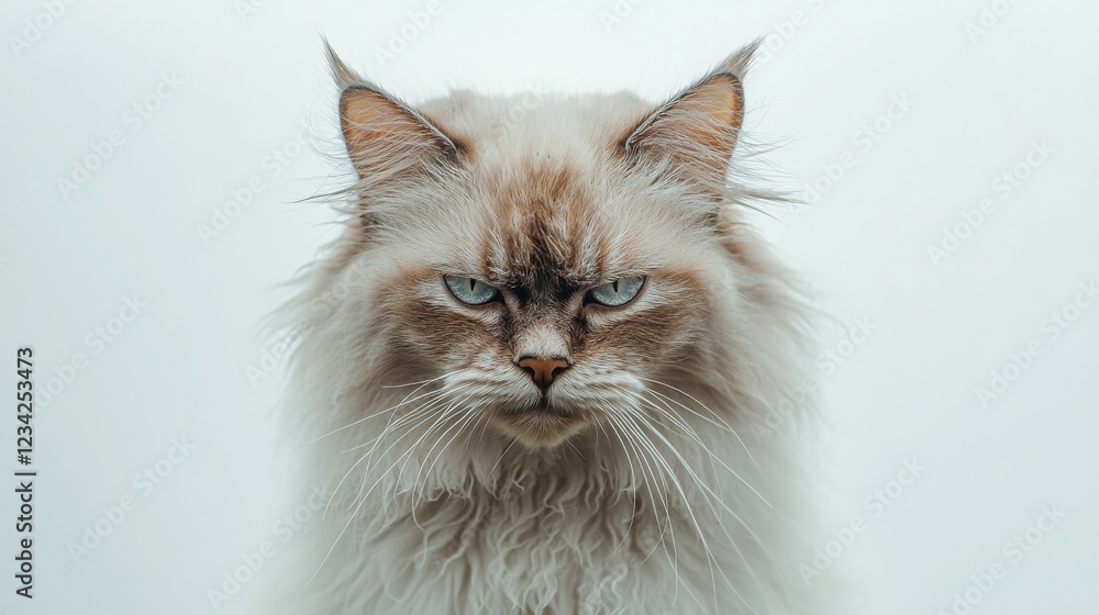A fluffy long-haired cat with piercing blue eyes stares intensely at the camera. Its expression is one of serious displeasure A fluffy long-haired cat with piercing blue eyes stares intensely at the camera. Its expression is one of serious displeasure