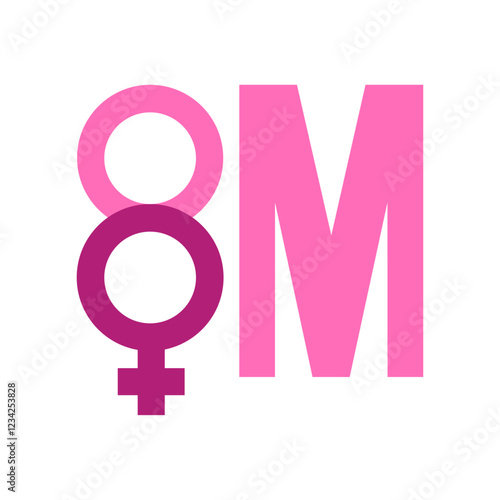 Día internacional de la mujer. 8 de marzo. Logo con texto 8M, con número 8 formado por el símbolo femenino 