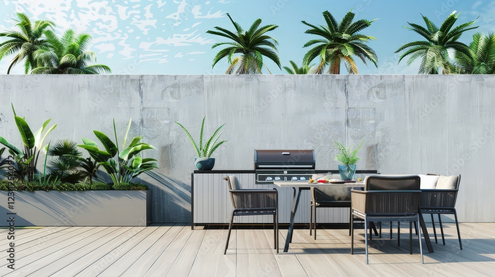 Fototapeta premium Modern outdoor dining area with a concrete wall. grill. and tropical plants