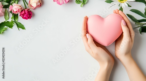 A pair of hands hold a pink heart, surrounded by colorful flowers, symbolizing love and affection in a serene, inviting setting.