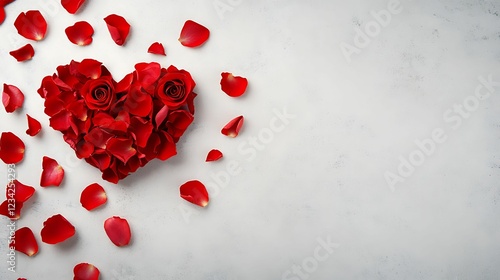 A heart made of red rose petals, surrounded by scattered petals, creating a romantic and elegant atmosphere.