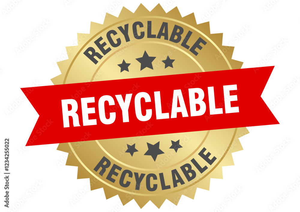 Obraz premium recyclable. recyclable round red and gold label isolated on transparent background