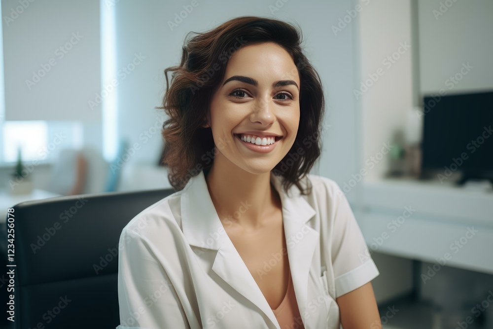 Confident medical professional smiling while sitting at her desk in a bright modern office Confident medical professional smiling while sitting at her desk in a bright modern office