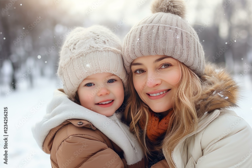 Mother and daughter are enjoying a snowy day outdoors, wearing warm winter clothes and smiling Mother and daughter are enjoying a snowy day outdoors, wearing warm winter clothes and smiling
