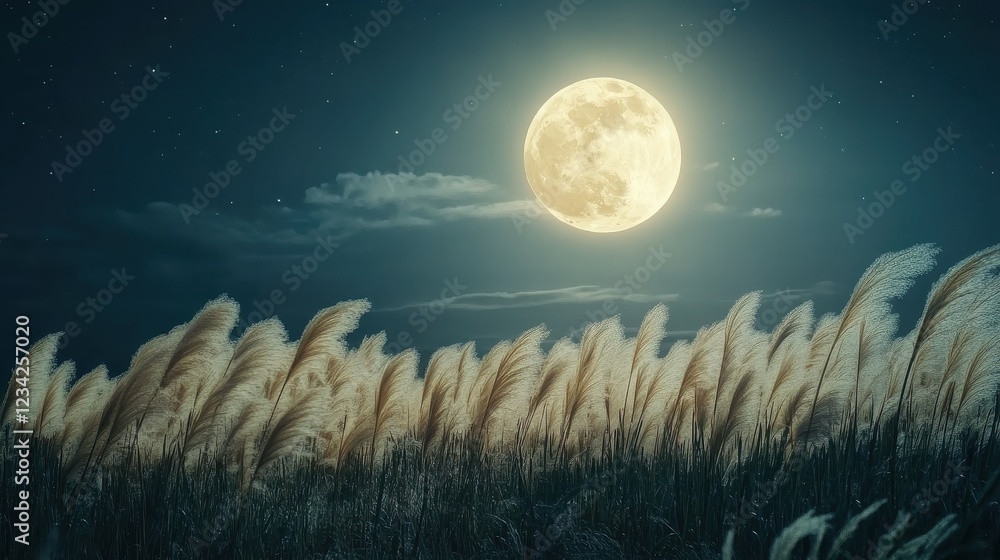 Fototapeta premium Full moon and Japanese pampas grass in midnight,The harvest Miscanthus sinensis and full moon,beautiful night sky in the countryside with the perfect moon exudes beauty in the dark.
