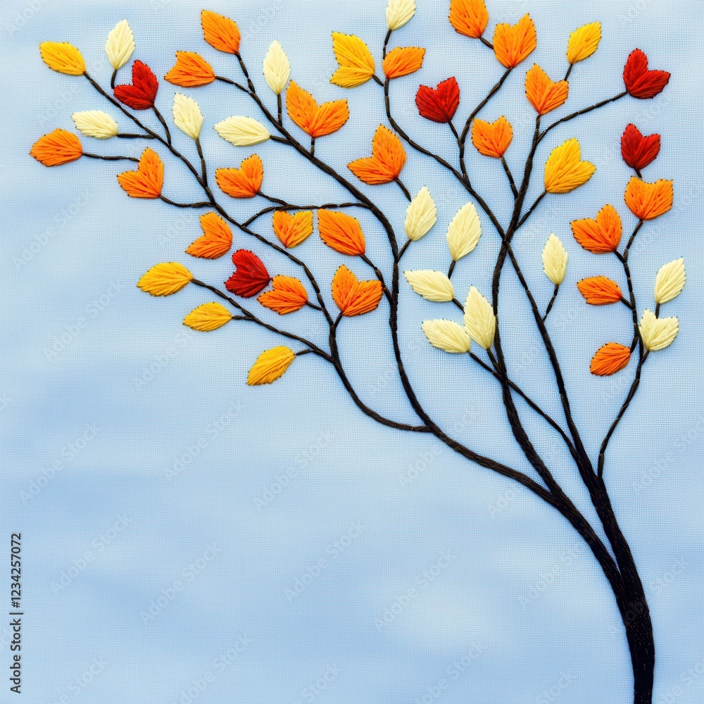 Elegant Embroidered Tree with Colorful Leaves on Blue Background Elegant Embroidered Tree with Colorful Leaves on Blue Background