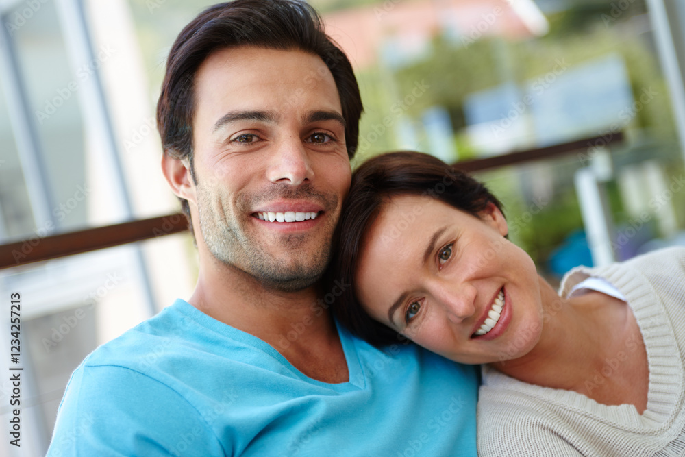 Relax, smile and portrait of couple in house for romance, bonding and relationship. Happiness, support and embrace with man and woman at home for care, memory and marriage connection together Relax, smile and portrait of couple in house for romance, bonding and relationship. Happiness, support and embrace with man and woman at home for care, memory and marriage connection together