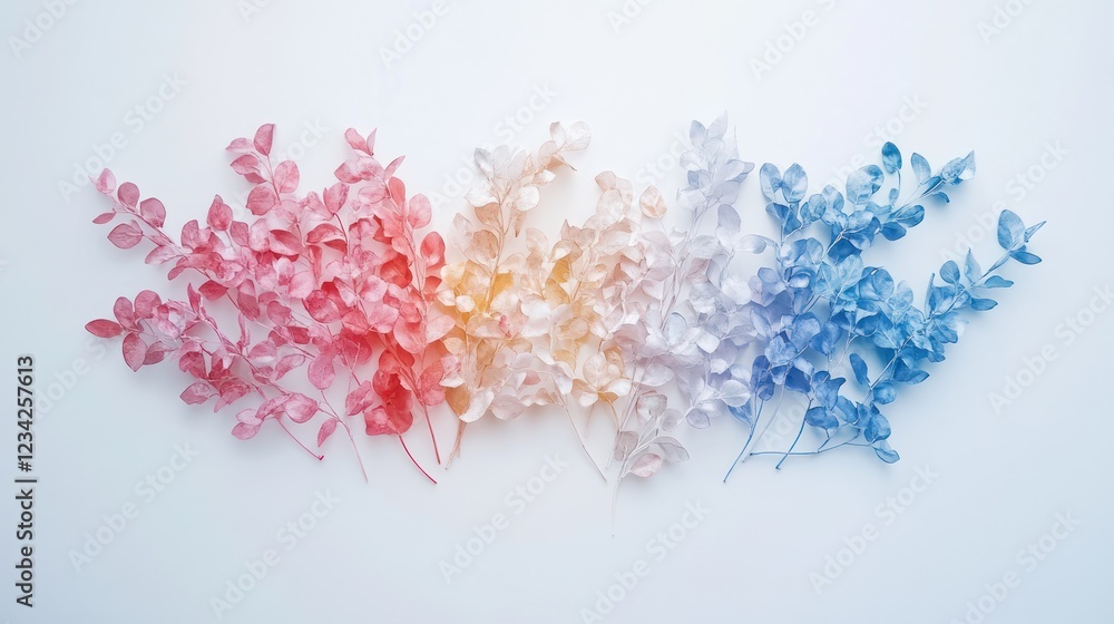 Fototapeta premium Pastel colored eucalyptus branches arranged on white background, flat lay, website design