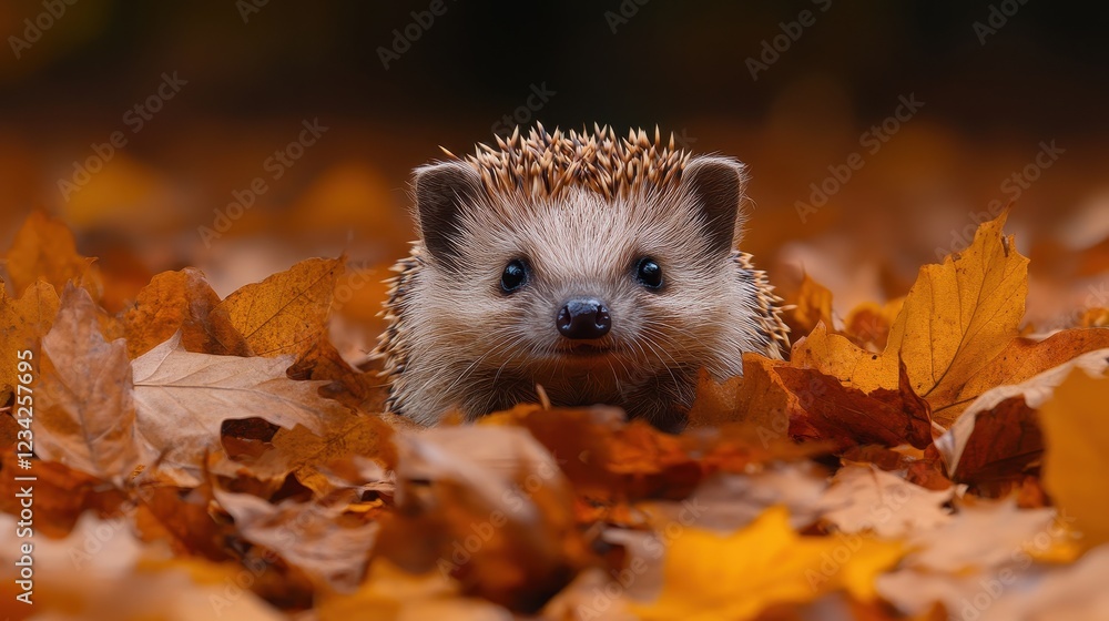 A hedgehog amidst colorful autumn leaves. A hedgehog amidst colorful autumn leaves.