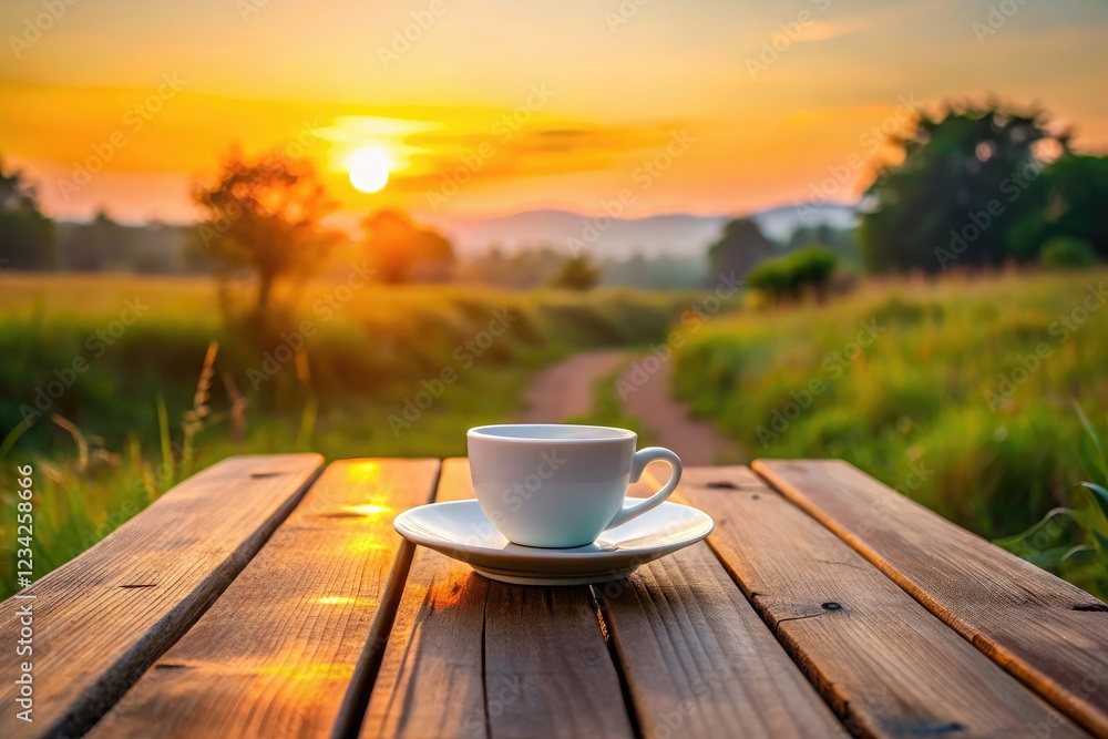 Dawn light bathes a simple table, a minimalist coffee cup silhouetted against a serene landscape. Dawn light bathes a simple table, a minimalist coffee cup silhouetted against a serene landscape.